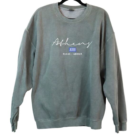 Vintage 90s Y2K Athens Greece Flag Pullover Sweatshirt Crew Neck Embroidered XL - Picture 1 of 8